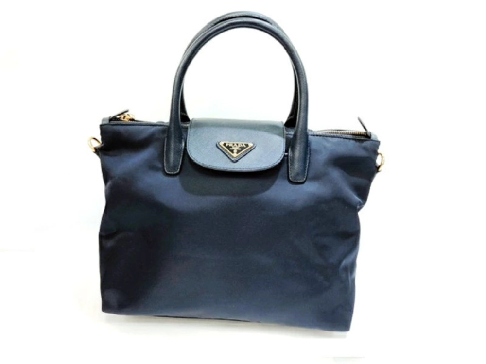 Prada navy blue Tessuto Saffiano leather tote bag front flap